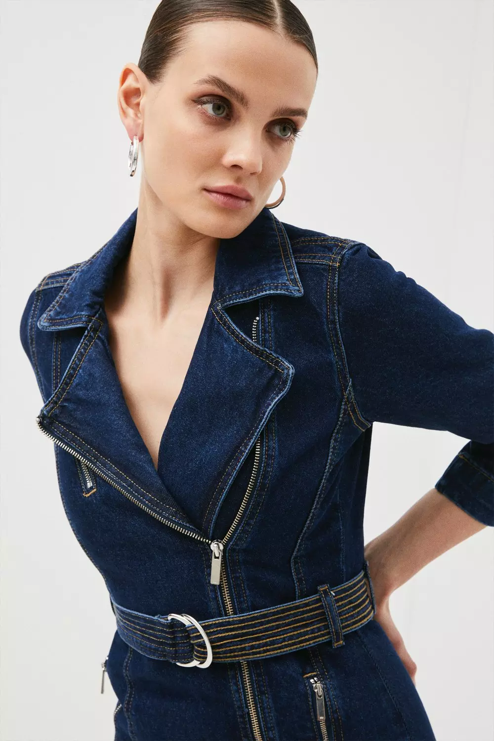 Zip Through Belted Biker Mini Denim Dress Karen Millen